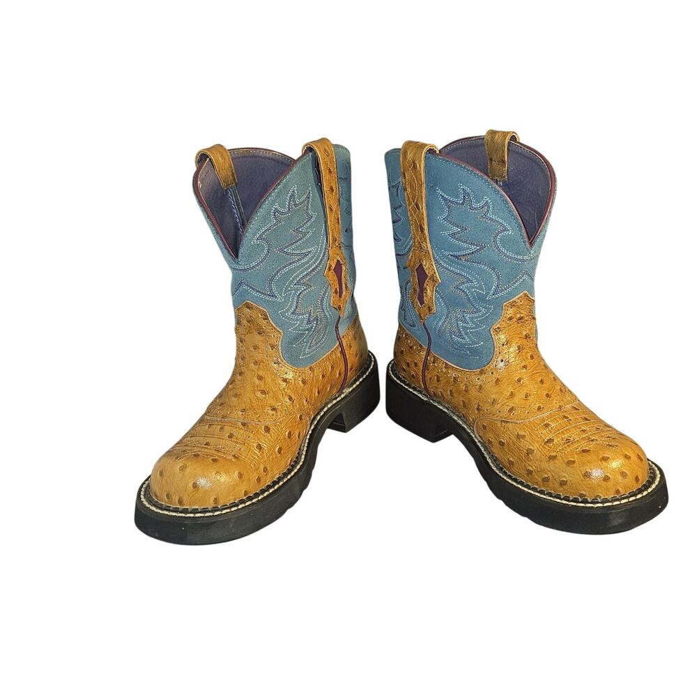 Ariat Fatbaby Western Cowgirl Boots Women's 6 B Brown Ostrich Print Teal Leather